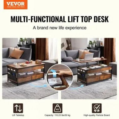 Lift Top Coffee Table 39.4' Rectangle Coffee Table with Light & USB Brown