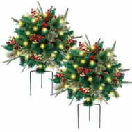 Detailed information about the product Lighted Artificial Christmas Urn Filler,Pre-lit Xmas Pine Trees with Cones,Golden & Red Berries,Tripod Stake and 60 LED Lights,Outdoor Light Up Planter Filler Holiday Home Decor,2 Pack