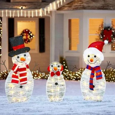 Lighted Snowman Christmas Decorations 3 Pieces Outdoor Waterproof 2D Plugin Patio Lawn Garden Party Warm White Festive Display