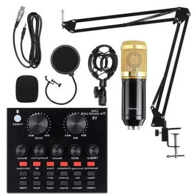 Livestream Mic Podcast Microphone Bundle with Sound Card, Adjustable Shock Mount, and Gold Finish