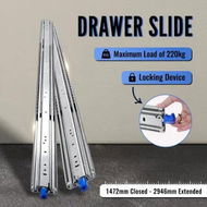 Detailed information about the product Locking Drawer Slides Runners Heavy Duty Ball Bearing Trailer Rails Track Full Extension 1472mm to 2946mm Cabinet Guide Metal 220kg RV Camper Toolbox