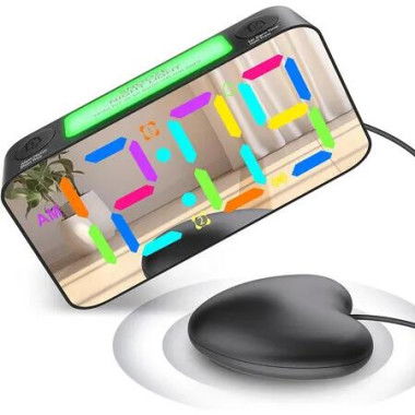 Loud Alarm Clock for Heavy Sleeper Hearing Impaired Deaf, Dual Vibrating Alarm Clock with Bed Shaker, 7 In Large Mirror Display with USB Charger (Black)