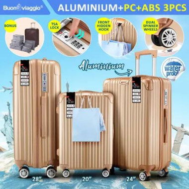 Luggage Suitcase Set 3 Piece Traveller Carry On Cabin Checked Bag Trolley Lightweight Hard Case TSA Lock Cover 6 Packing Cubes Champagne Gold