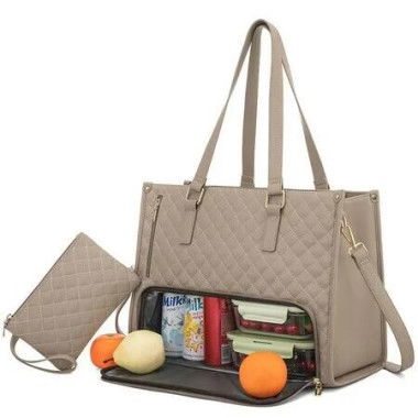 Lunch Tote Bag For Women,Laptop Bag with Insulated Lunch Compartment,Large Capacity Computer Handbag with Purse For School,Work,Office,Casual,Khaki