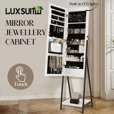 LUXSUITE LED Mirror Cabinet Jewellery Storage Shelf Organiser Lockable Floor Free Standing Armoire for Makeup Cosmetic Earring Necklace Ring 160cm