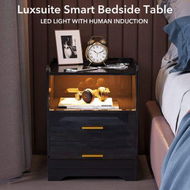 Detailed information about the product Luxsuite Smart Bedside Table Black LED Side End Nightstand Sofa Storage Cabinet Bedroom Full High Gloss 2 Drawers 1 Open Shelf USB Type-C Port Human Induction