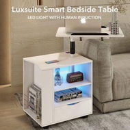 Detailed information about the product Luxsuite Smart Bedside Table White LED Cabinet Storage Nightstand Bedroom Full High Gloss Finish with Drawer Adjustable Laptop Desk 2 Shelves USB Type-C Port