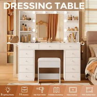Detailed information about the product Luxury Makeup Vanity Table Hollywood Mirror Bedroom Dressing Desk Stool Set 10 LED Light 11 Drawers 4 Shelves Folding Storage Panel Dryer Holder White