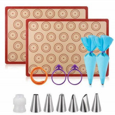 Macaron Mat Kit (14-piece Set): 2 Macaron Mats 6 Piping Tips 1 Small Converter 2 Laminating Bags 2 Ties 1 Pastry Ring.