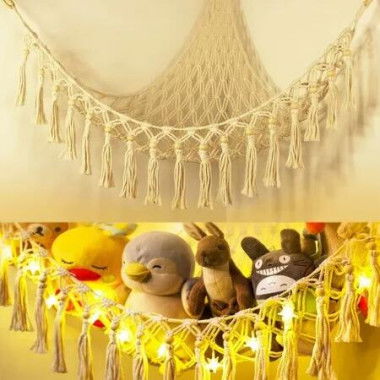 Macrame Stuffed Animal Hammock with LED Light: Jumbo Hanging Storage Net for Kids' Rooms (Beige)