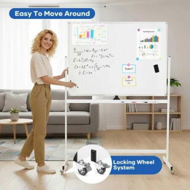 Magnetic Whiteboard On Wheels Double Sided Interactive Mobile White Board Dry Erase Stand 120x90cm Portable Home School Office Notice Marker Eraser