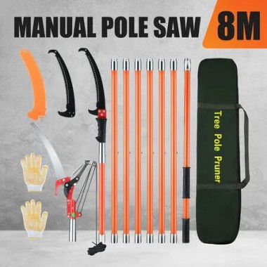 Manual Pole Saw Tree Pruner Extendable Branch Pruning Trimmer Trimming Cutter with 8 Fibreglass Rods Sharp Steel Blades Scissors