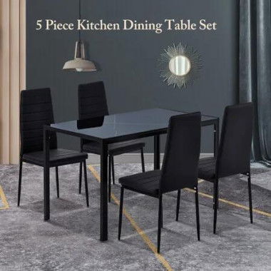 Marble Dining Table Set 4 Chairs Faux Marble Large Glossy Desk Modern Restaurant Kitchen Bedroom Office Work Black