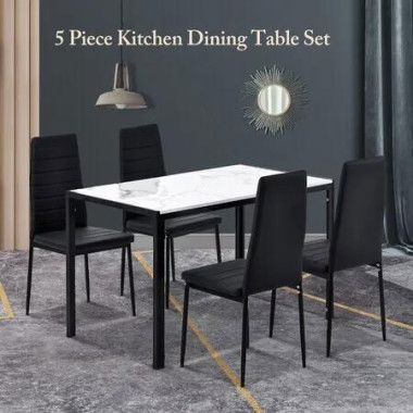 Marble Dining Table Set 4 Chairs Faux Marble Large Glossy Desk Modern Restaurant Kitchen Bedroom Office Work White