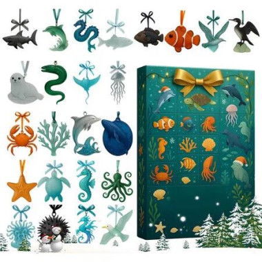 Marine Life Advent Christmas Calendar, 2D Acrylic Decor 24 Days Marine Creatures Ornament Creative Countdown Display Decoration