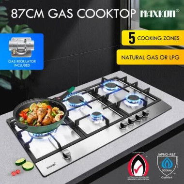 Maxkon 87cm Gas Cooktop Stove Top 5 Burner Cooker Kitchen Home Stovetop Hob LPG NG Stainless Steel Surface