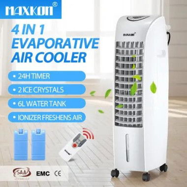 Maxkon Air Cooler Portable Evaporative Cooling Fan Purifier Humidifier 6L Water Tank 4 in 1 Remote Control Swamp Home Room Ionizer Conditioner System
