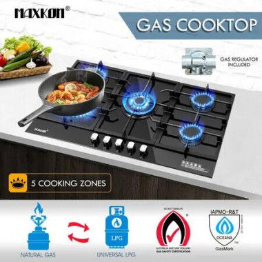 Maxkon Gas Cooktop 5 Burner Stove Cooker Cook Top Stovetop 87cm Kitchen Home Hob NG LPG Conversion Tempered Glass Surface Metal Knobs Cast Iron Black