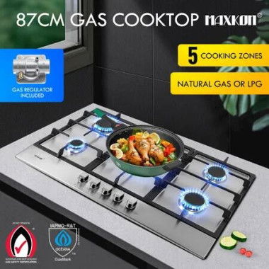 Maxkon Gas Cooktop Stove Top 5 Burner Cooker Stovetop 87cm Kitchen Home Cooking Hob NG LPG Conversion Stainless Steel Surface Metal Knobs Cast Iron