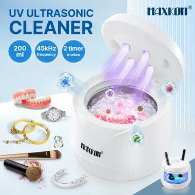 Maxkon Ultrasonic UV Cleaner Denture Retainer Aligner Jewellery Cleanser Dental Appliance Cleaning Machine for Whitening Tray Mouth Guard Makeup Brush