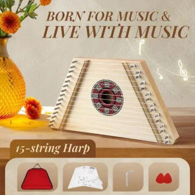 Melodic 15 Strings Harp Lyrical Tone Handheld Portable Musical Instrument for Kids Adults Beginners with Gig Bag Tuning Wrench