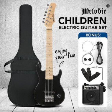 Melodic 30-inch Children Kids Electric Musical Instrument Guitar With 5W Amp Picks Gig Bag - Black.