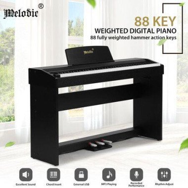 Melodic 88-Key Hammer Action Digital Piano With Weighted Keyboard 128 Polyphony 3 Pedals - Black.