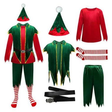 Men Elf Costume Christmas Jacket Belt Pants Xmas Santa Costume Set for Christmas Carnival Party (Size:M)
