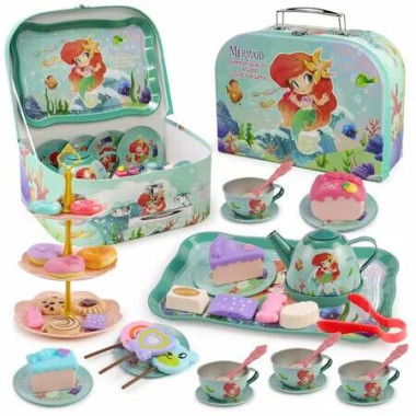 Mermaid Tea Party Set Kids 48 Piece Tin Playset Carrying Case Princess Dessert Pretend Play Toy Girls Sweet Treats Afternoon Time