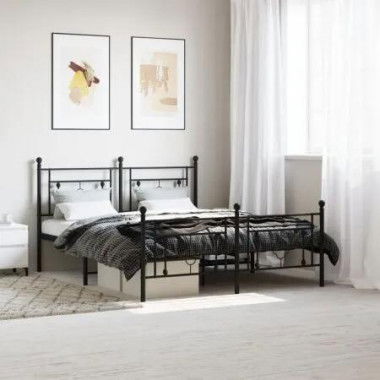 Metal Bed Frame with Headboard and Footboard Black 150x200 cm