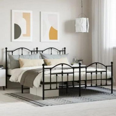 Metal Bed Frame with Headboard and Footboard Black 183x203 cm King