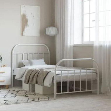 Metal Bed Frame with Headboard and Footboard White 107x203 cm