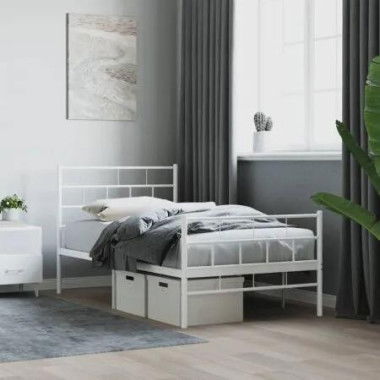 Metal Bed Frame with Headboard and Footboard White 107x203 cm