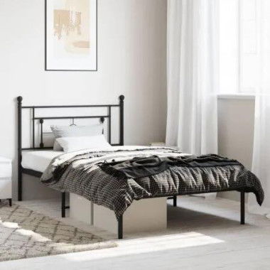 Metal Bed Frame with Headboard Black 107x203 cm