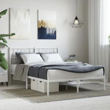 Metal Bed Frame with Headboard White 150x200 cm