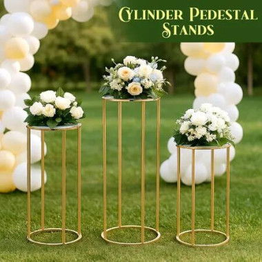 Metal Cylinder Stand 3PCS Cake Plant Flower Pot Display Holder Corner Round Pedestal Plinth Side Table Gold Wedding Party Birthday Dessert Decoration