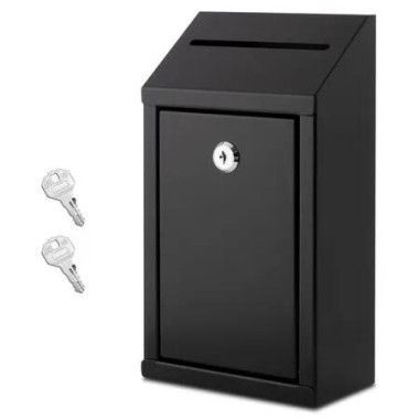 Metal Donation Box with Lock,Wall Mounted,Suggestion Box,Black,Cash Drop Box with Slot,1-Pack