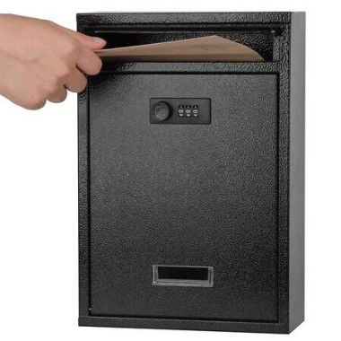 Metal Donation Cash Box Collection Safe Suggestion Box with Lock Wall Mounted Mailbox Delivery Ballot Container Black