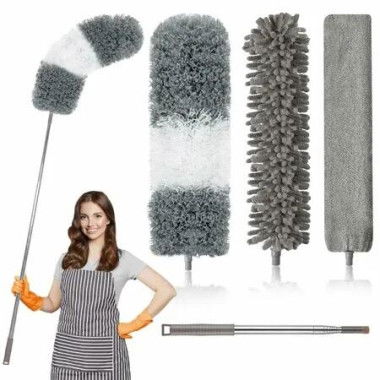 Microfiber Duster, 4PCS with Extension Pole(Stainless Steel) 30 to 100 Inches, Reusable Bendable Dusters, Washable Lightweight Dusters for Cleaning Ceiling Fan, High Ceiling, Blinds, Furniture, Cars