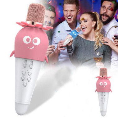 Microphone With Bluetooth Speaker Flower Carrot Karaoke For Children Gift LED Voice Modulation Pairing With Smartphone Color Pink