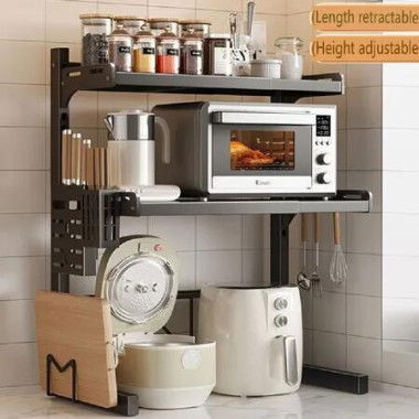 Microwave Shelf, 2-Tier Expandable Microwave Oven Stand, Kitchen Utensil Storage & Organisation, Countertop Microwave Stand with 4 Hooks Microwave Shelf