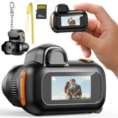 Mini Digital Camera 1080P HD Video 0.96in Screen Retro Small Keychain Camera with 4X Zoom 64GB SD Card for Kids Travel Study Recording