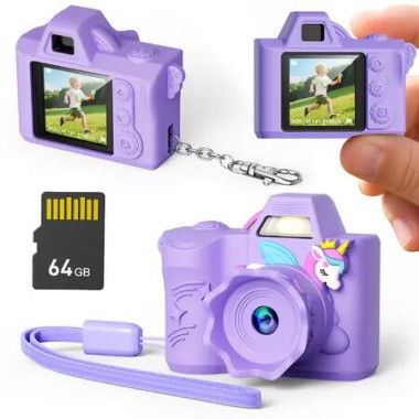 Mini Digital Camera 1080P HD Video 1.3 Inch Screen Retro Small Keychain Camera with 64GB SD Card for Travel Study Recording-Purple