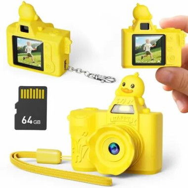 Mini Digital Camera 1080P HD Video 1.3 Inch Screen Retro Small Keychain Camera with 64GB SD Card for Travel Study Recording-Yellow