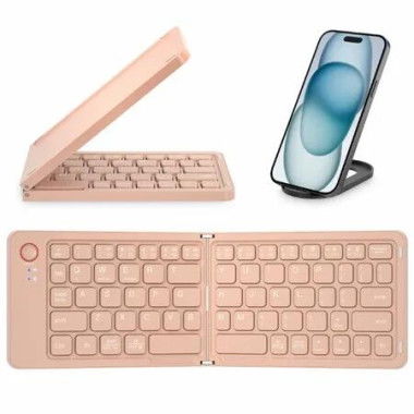 Mini Foldable Bluetooth Keyboard with Holder Travel Portable Rechargeable Keyboard for Android Windows iOS,Support 3 Devices(Pink)
