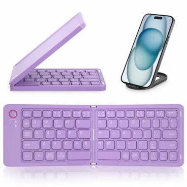 Mini Foldable Bluetooth Keyboard with Holder Travel Portable Rechargeable Keyboard for Android Windows iOS,Support 3 Devices(Purple)