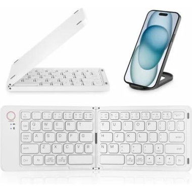 Mini Foldable Bluetooth Keyboard with Holder Travel Portable Rechargeable Keyboard for Android Windows iOS,Support 3 Devices(White)