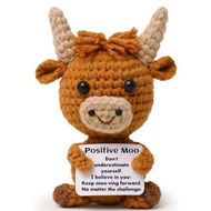 Detailed information about the product Mini Funny Positive Highland Cow, Knitted Wool Cow Toy with Positive Card, Creative Cute Crochet Doll Emotional Support Cheer Up Keepsake Gift