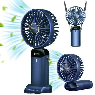 Mini Handheld Portable Hanging Neck Fan Adjustable USB Rechargeable With 5 Speeds For Home Office Travel (3000mAh - Navy Blue)
