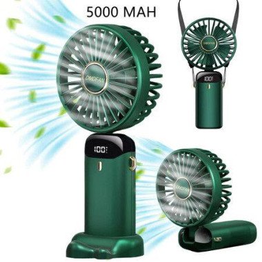 Mini Handheld Portable Hanging Neck Fan Adjustable USB Rechargeable With 5 Speeds For Home Office Travel (5000mAh - Green)